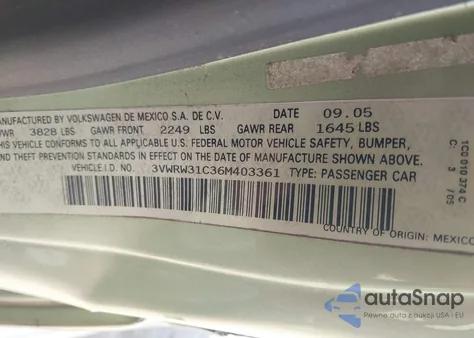 2006 Volkswagen New Beetle 2.5 из США, поврежденный, VIN 3VWRW31C36M403361